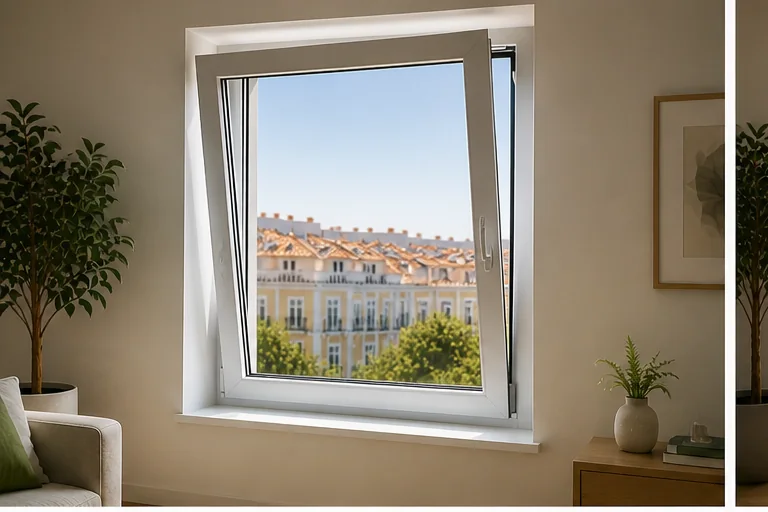 Janela oscilobatente em PVC com folha aberta para ventilação segura