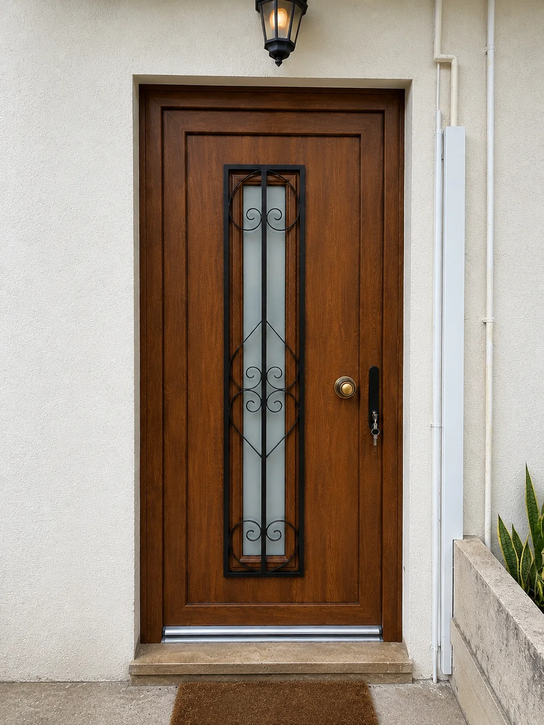 Porta de entrada com acabamento madeira