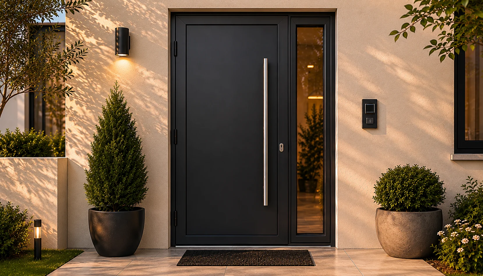 Porta de entrada com painel decorativo moderno